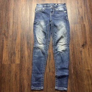 Miss Me Skinny Jeans Rhinestone Floral Pockets Distressed Medium Wash Size 25